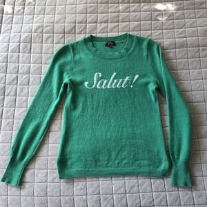 J. Crew 100% Cashmere Salut Sweater - Size XS- Green White- Crew Neck